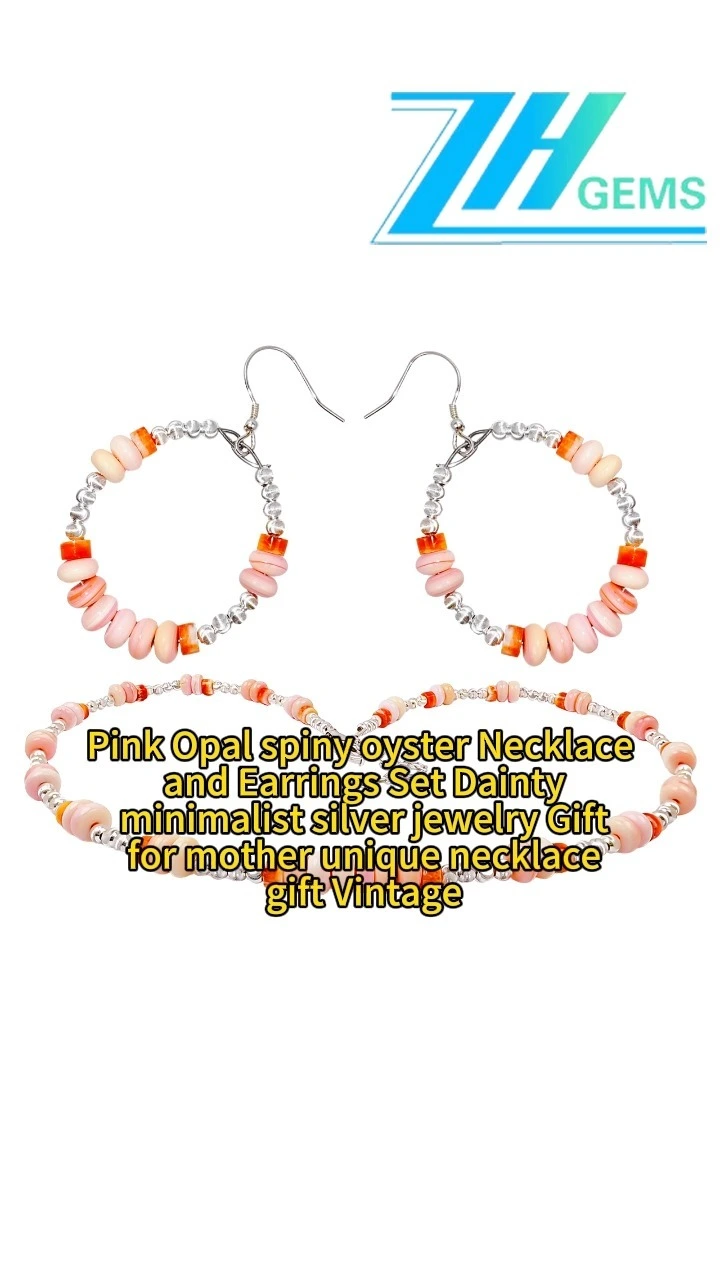Pink Opal Spiny Oyster Necklace And Earrings Set Dainty Minimalist Silver Jewelry Gift For Mother Unique Necklace Gift Vintage 1