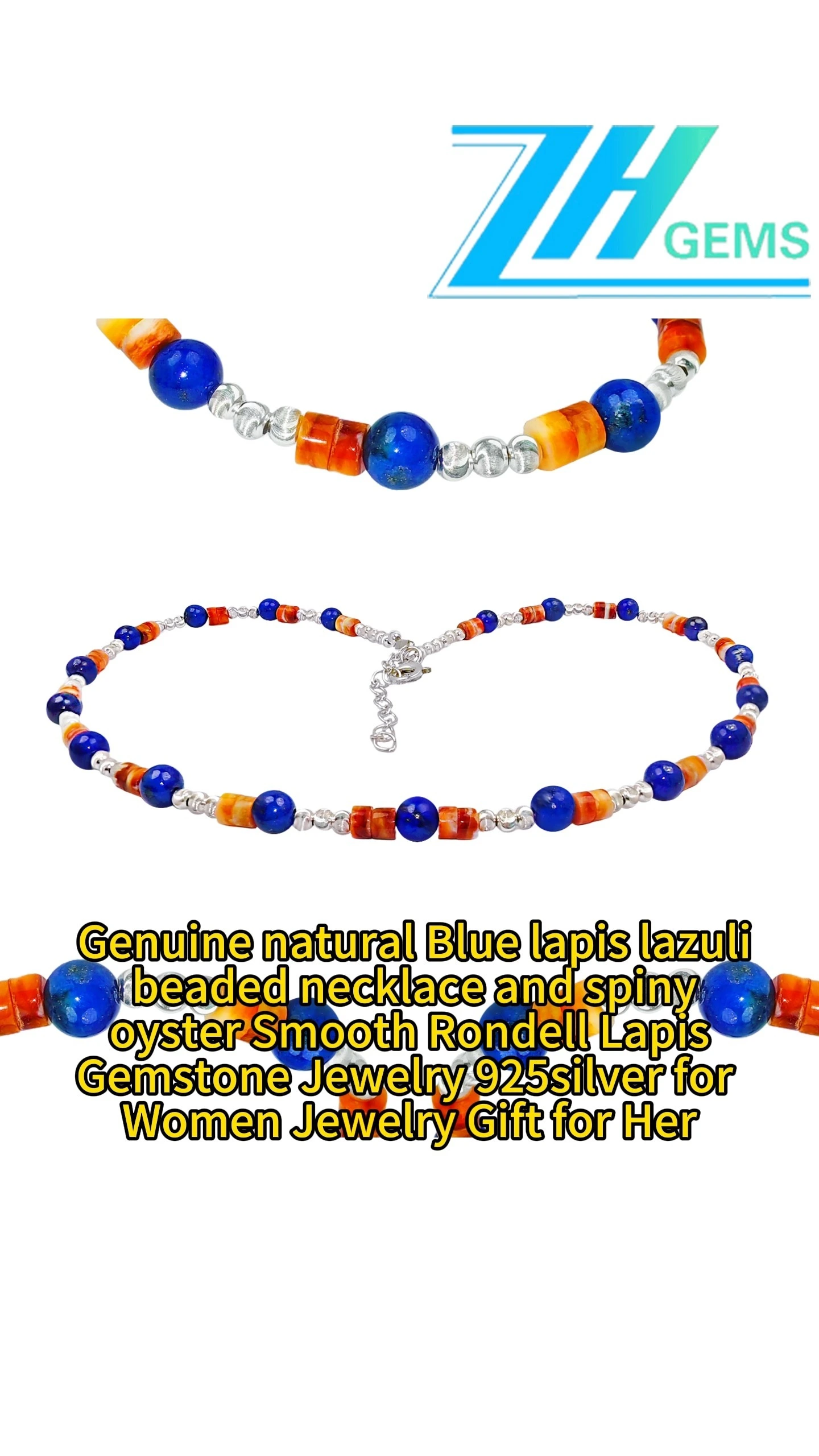 Genuine Natural Blue Lapis Lazuli Beaded Necklace And Spiny Oyster Smooth Rondell Lapis Gemstone Jewelry 925silver For Women Jewelry Gift for Her 1