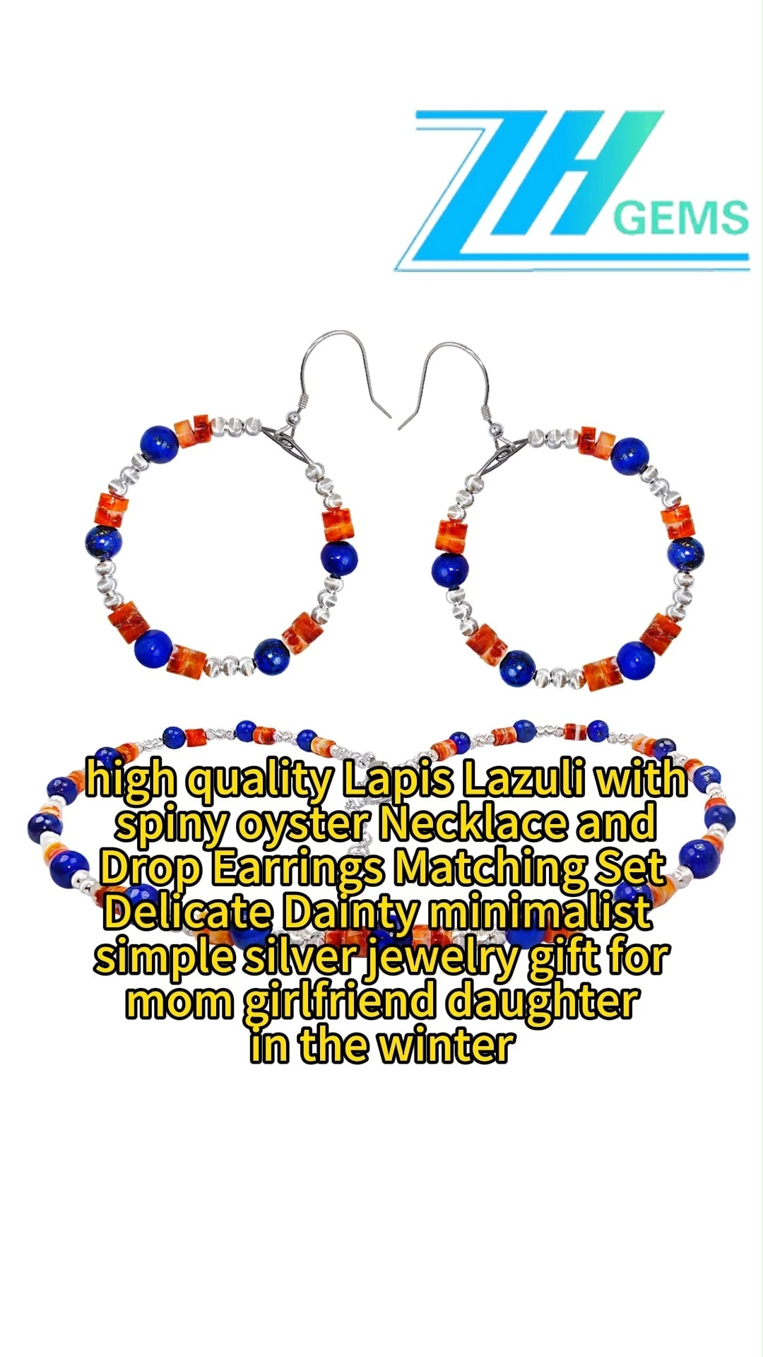 Héich Qualitéit Lapis Lazuli Mat Spiny Oyster Halskette An Drop Ouerréng Passende Set Delikat Delikat Minimalistesch Einfach Sëlwer 1