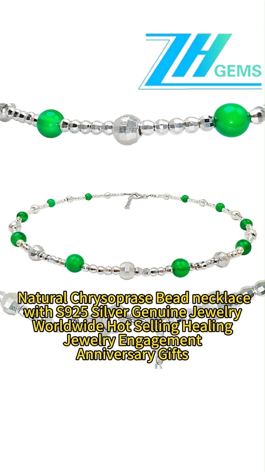 Ntuj Chrysoprase Bead Necklace Nrog S925 Cov Nyiaj Kub Kub Kub Muag Khoom Muag Khoom Muag Khoom Muag Khoom Muag 1