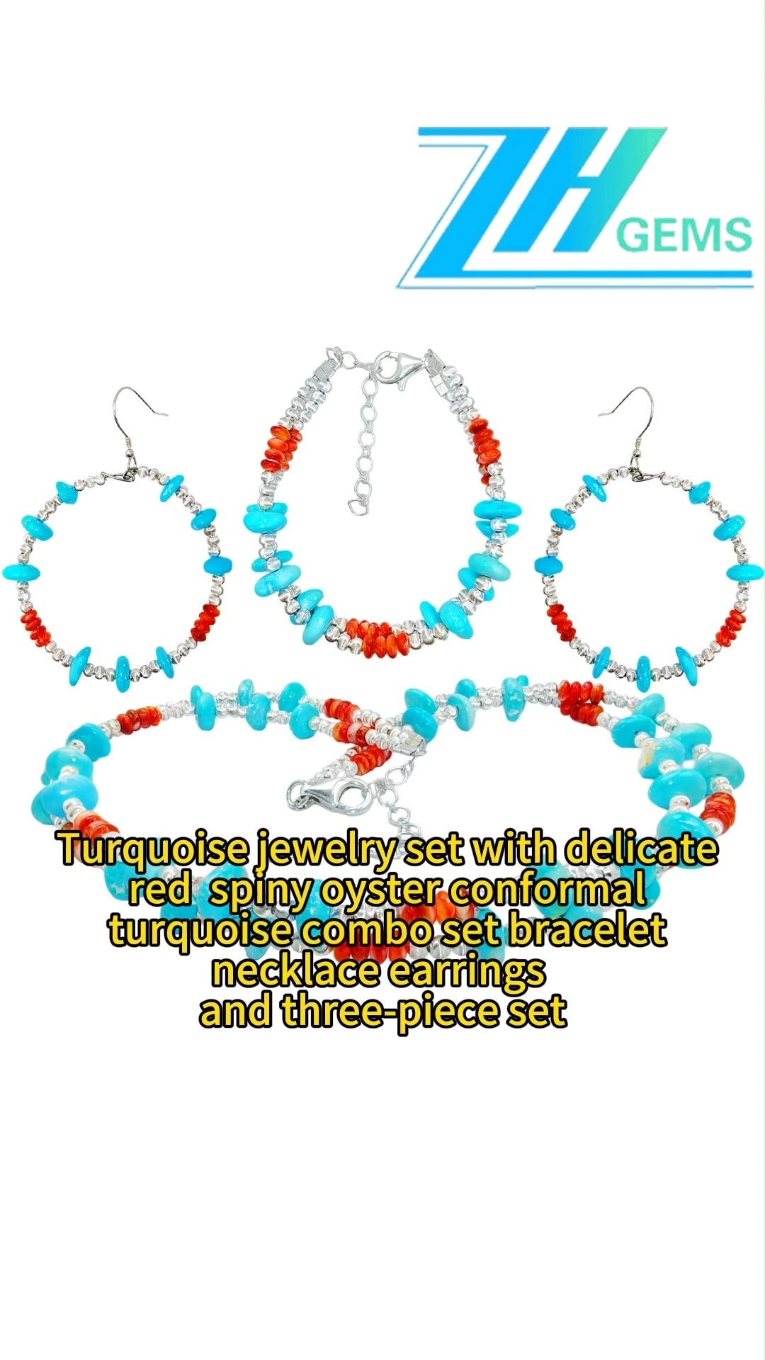 Turquoise Jewelry Set With Delicate Red Spiny Oyster Conformal Turquoise Combo Set Bracelet Necklace 1