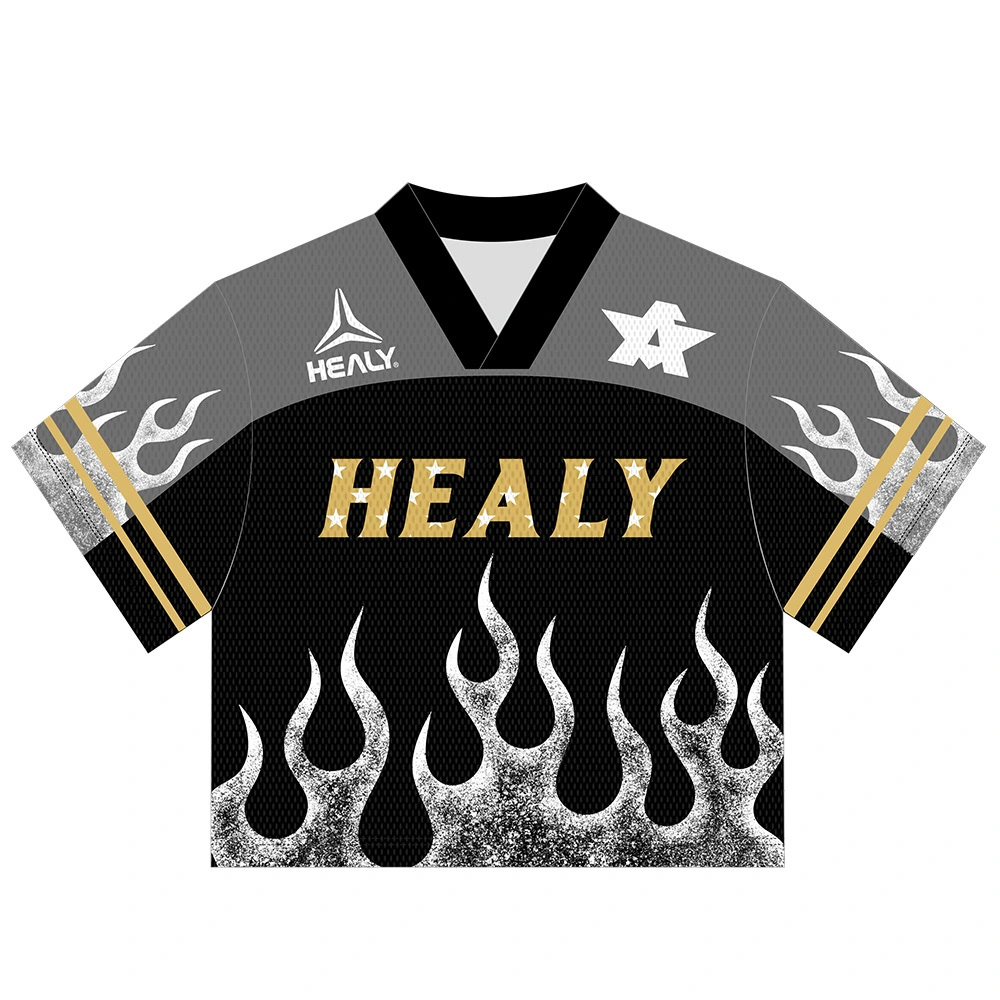 Healy Customizable Retro Flame Cropped Soccer Jersey Distressed Fire Graphic Mesh Top for 90s Streetwear Fans 1