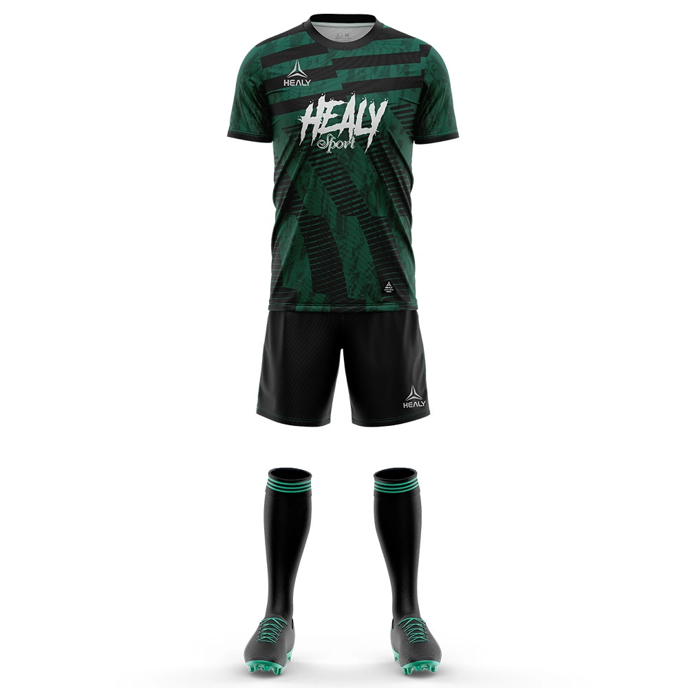 Healy-ის ელეგანტური მუქი მწვანე გეომეტრიული ნიმუშებით გაფორმებული საფეხბურთო ფორმა გუნდური სულისკვეთებისთვის & სპორტული შესრულება 1