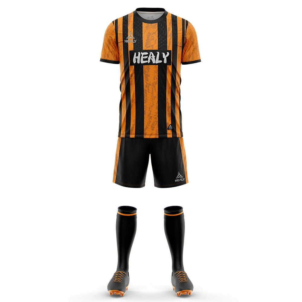 Healy-ის შთამბეჭდავი ნარინჯისფერ-შავი ვერტიკალური ზოლიანი საფეხბურთო ფორმა გუნდის ენერგიისთვის & სპორტული სრულყოფილება 1