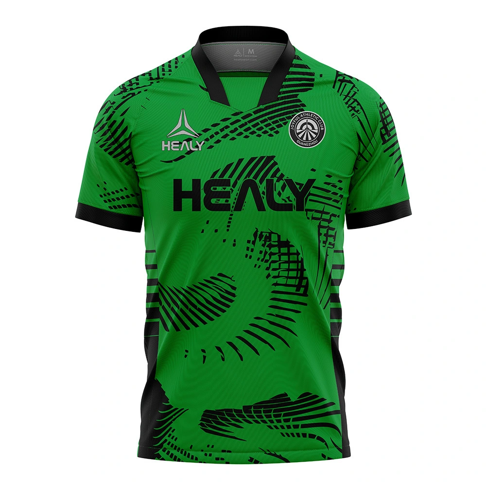 Voll personaliséiert ëmweltfrëndlecht texturéiert Fussballtrikot aus recycléiertem Stoff, Feuchtigkeitsabsorbéierend Fussballtrikot, gréngt Fussball-T-Shirt 1