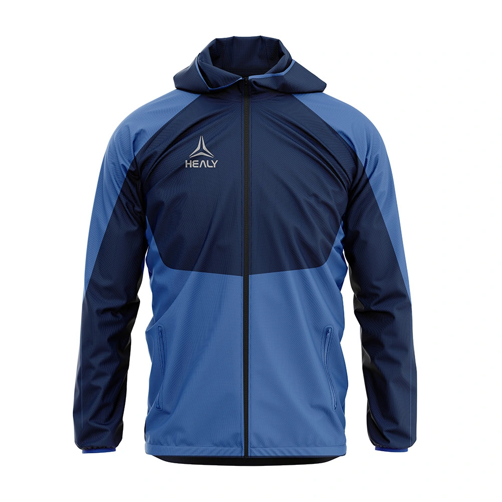 ዩኒሴክስ ጥልቅ ሰማያዊ የባህር ኃይል ብሎክ ዚፔር የተደረደሩ ኪስ ወፍራም ውሃ የማይገባ ከንፋስ መከላከያ ለስላሳ ሼል ህትመት የተለመደ ጃኬት 1