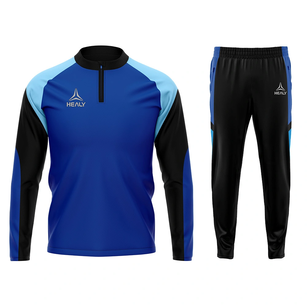 ሰማያዊ ቀለም የሚያግድ ቁም ስፖርታዊ ትራክሱት ተለዋዋጭ ሙሉ ብጁ የቡድን ልብስ ለወንዶች የሚቆይ የአካል ብቃት እንቅስቃሴ ልብስ ልብስ 1