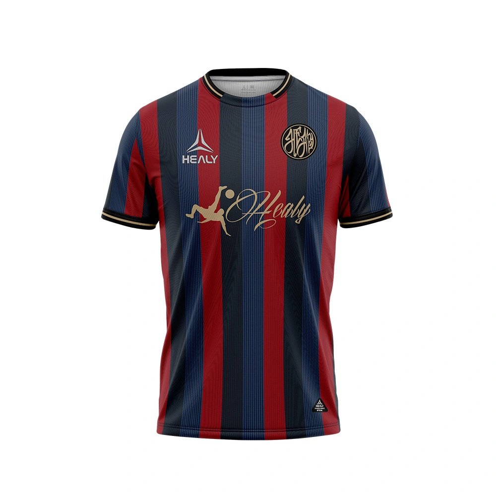 Aodach Ball-coise Samhraidh le Stiallan Dearg Gorm Ingearach Geansaidh Ball-coise Cofhurtail, Aotrom, Àrd-inbhe, Seirbheis OEM, Lèine Ball-coise Retro 1