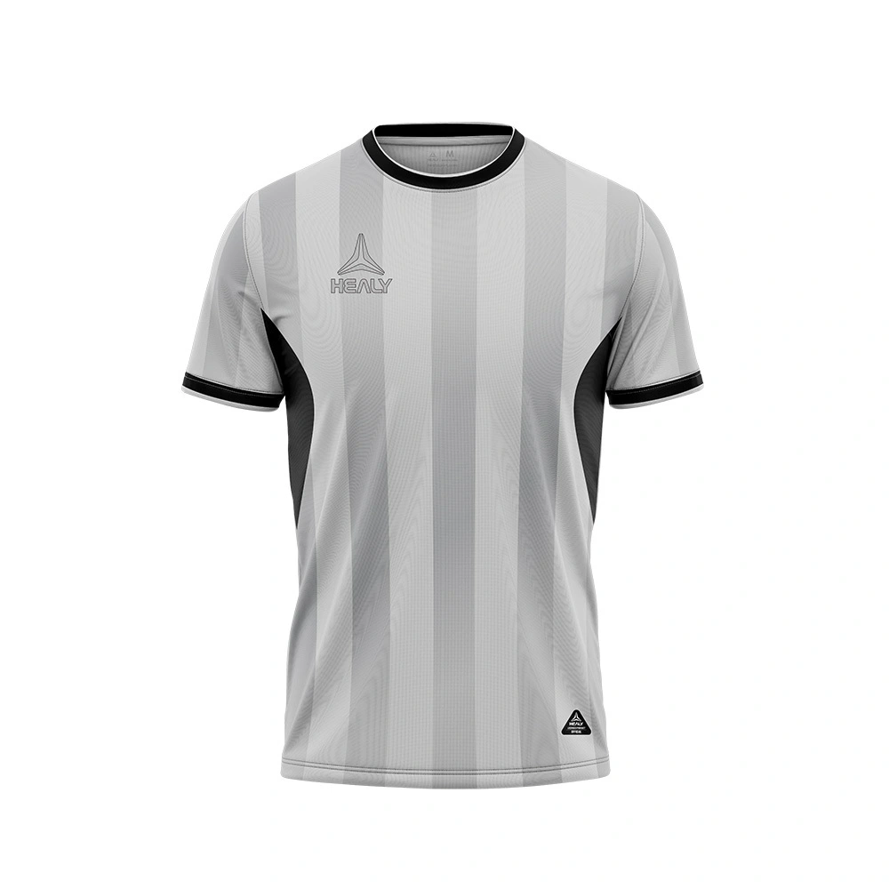 Clò-bhualadh Didseatach 100% Polyester Liath Aodach Ball-coise Sìmplidh Eireachdail Àrd-inbhe le Coilear Cruinn Geansaidh Ball-coise Inbheach Lèine Ath-thoileachais 1