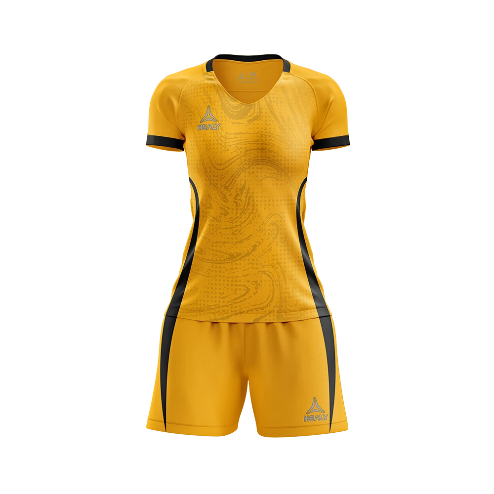 Healy Bright Yellow Stripe Slim Fit Women Soccer Jersey 100% Polyester Breathable Sublimation Sport Outfit 1