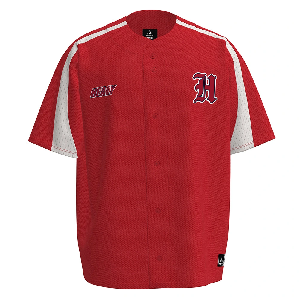 HEALY Retro Red Color-Block Baseball Jersey Trendy Sport Short-Sleeve Button-Up Shirt Stylish O Neck Soccer Wear 1