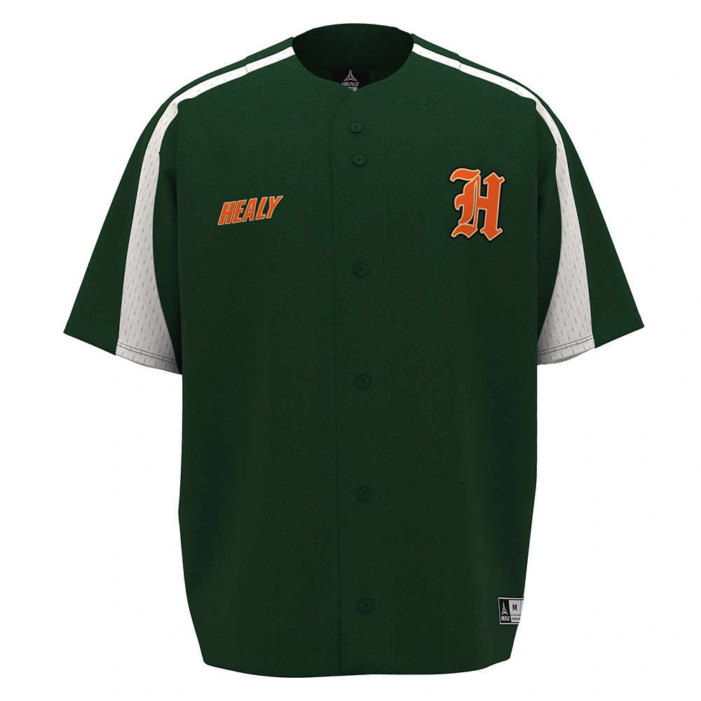 HEALY Dark Green Color-Block Baseball Jersey Trendy Sport Short-Sleeve Button-Up Shirt Stylish O Neck Soccer Wear 1