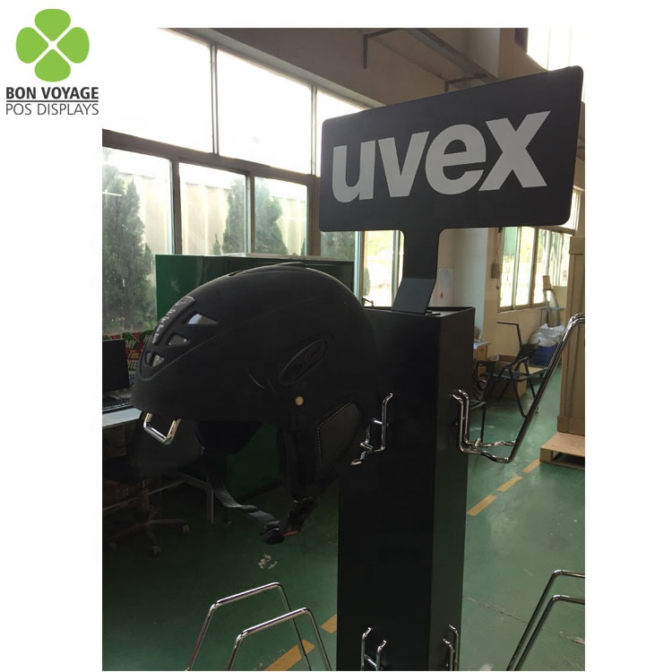 Vente au détail Pos Promotion 3 côtés support de sol en métal support de fil casques de moto présentoir support 7