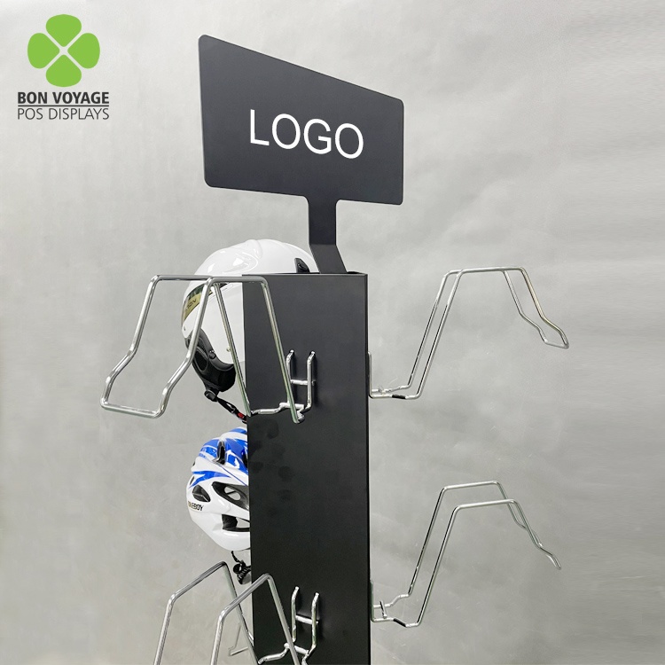 Vente au détail Pos Promotion 3 côtés support de sol en métal support de fil casques de moto présentoir support 4
