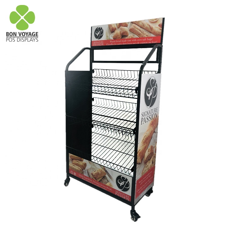 Retail Pos Pop Metal Wire Basket Bread Potato Chips Snack Display Rack Shelves With Casters And Changeable Graphic Panels 6