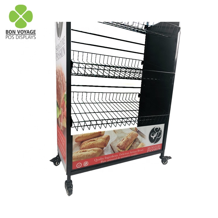 Retail Pos Pop Metal Wire Basket Bread Potato Chips Snack Display Rack Shelves With Casters And Changeable Graphic Panels 5