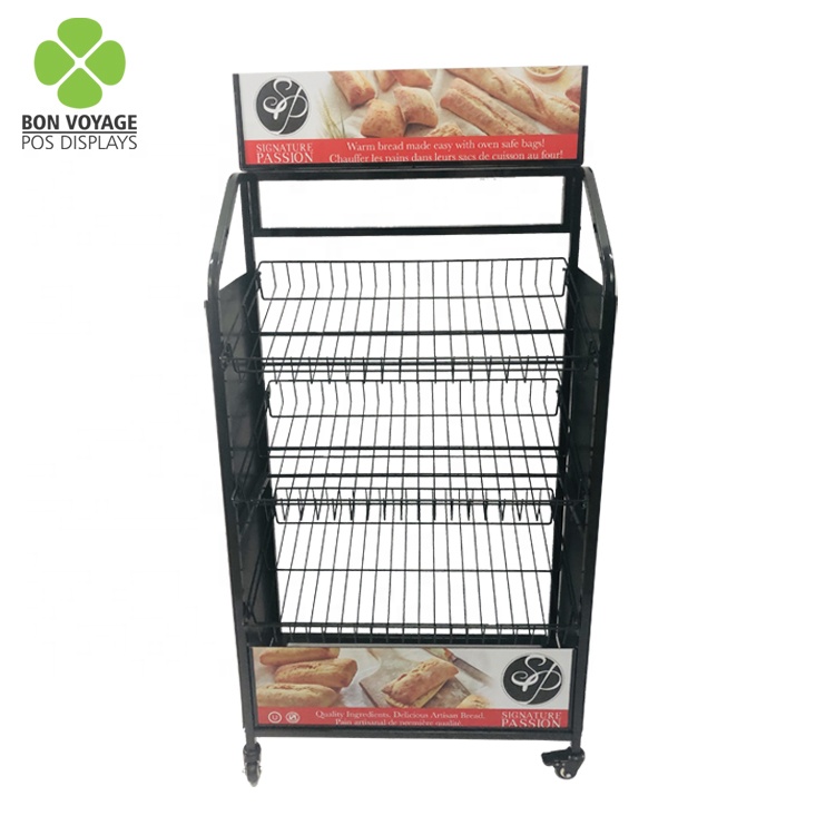 Retail Pos Pop Metal Wire Basket Bread Potato Chips Snack Display Rack Shelves With Casters And Changeable Graphic Panels 1