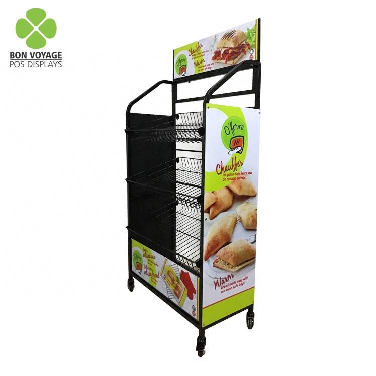 Retail Pos Pop Metal Wire Basket Bread Potato Chips Snack Display Rack Shelves With Casters And Changeable Graphic Panels 3