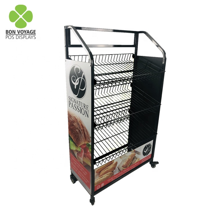 Retail Pos Pop Metal Wire Basket Bread Potato Chips Snack Display Rack Shelves With Casters And Changeable Graphic Panels 4