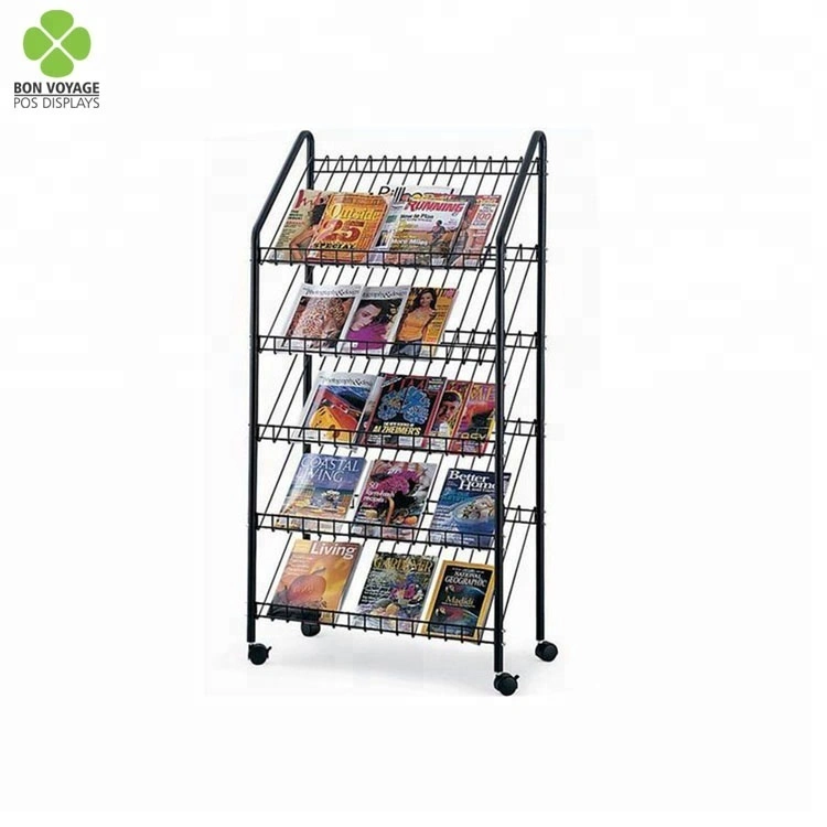 Einzelhandel 5 Stufen Metalldraht gestell Magazin & Buch Display Rack mit Rollen 1