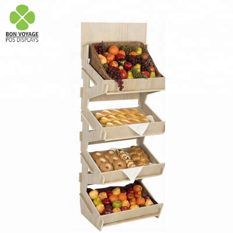 Natural Wooden 4 Tiers Dump Bin Retail Display Racks And Stands