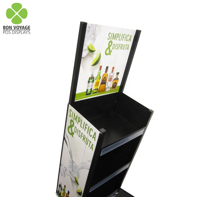 Free Standing Retail Store 3 Tiers Wine Bottles Metal Shelves Whisky Beverage Beer Racks Display With Wheels 4