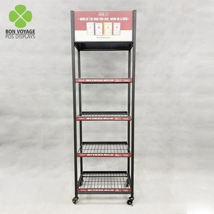 Supermarket 4 Tiers Pos Pop Floor Standing Metal Wire Shelf Liquor Wine Bottle Display Rack 1