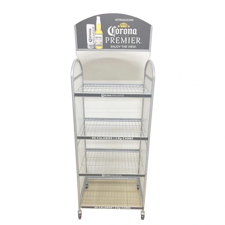 Prateleira de arame de metal para prateleira de supermercado, suporte de chão personalizado para garrafas de uísque com rodas 1