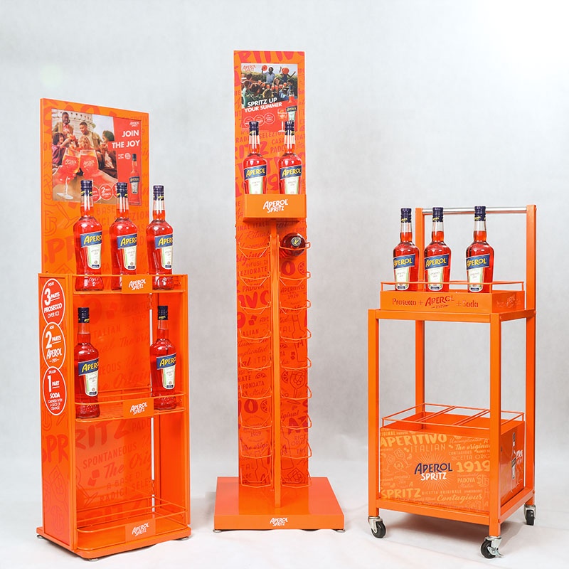 Suporte de exposição de garrafas de uísque de prateleira de metal para prateleira de vinho de suporte de chão personalizado para varejo com fita 7