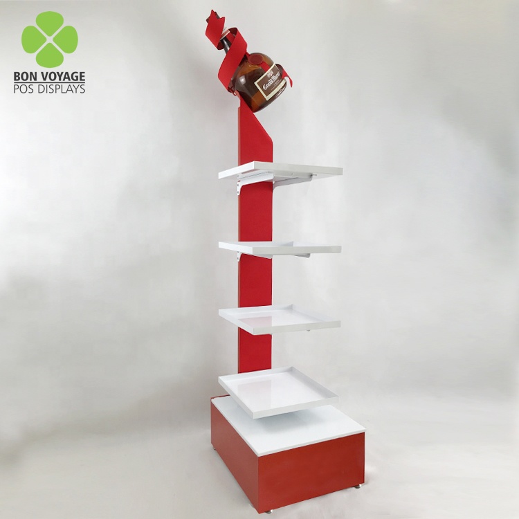 Suporte de exposição de garrafas de uísque de prateleira de metal para prateleira de vinho de suporte de chão personalizado para varejo com fita 4