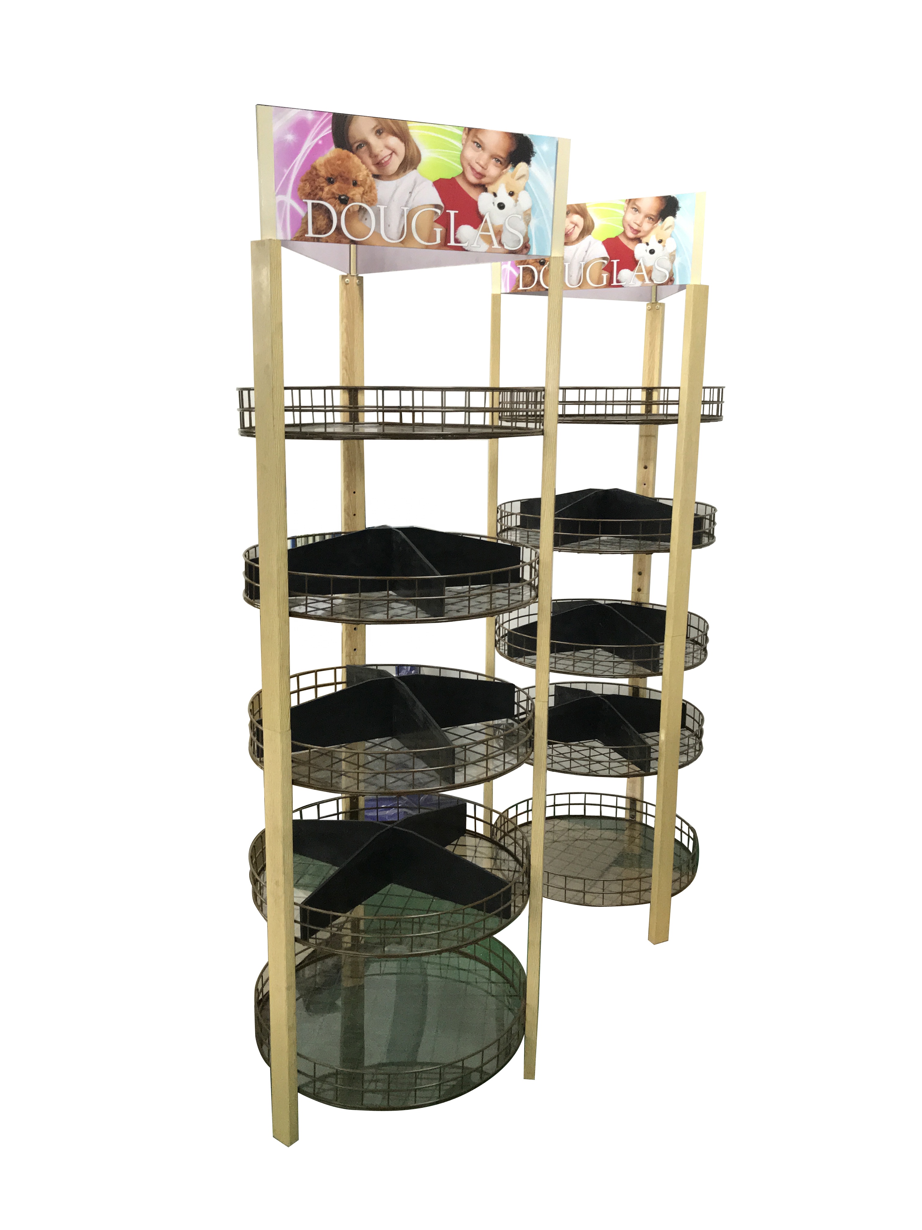 Piso de pie 3 lados Punto de venta Estantes ajustables Ganchos Bolsas Juguetes Accesorios Soporte de exhibición de madera Estante para tienda 5