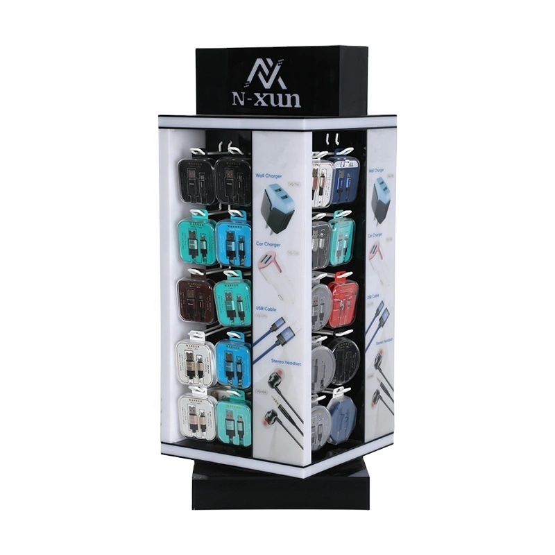 Customized 4 Sides Rotated Tabletop Mobile Phone Accessories Acrylic Jewelry Display Stand With Hanging Hooks 1