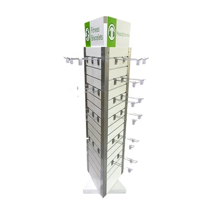 Exibição de piso de madeira giratória para supermercado, exibição de piso de madeira em 3 lados, joias, acessórios, exibição de rack com ganchos de metal 1