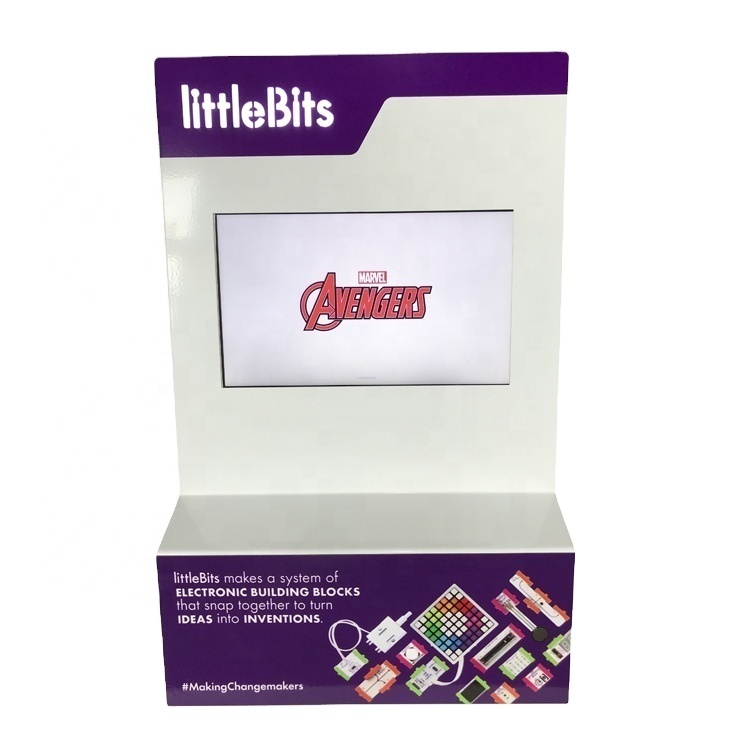 Suporte de exibição de produtos esportivos eletrônicos personalizados para balcão de metal pequeno com reprodutor de vídeo LCD 1
