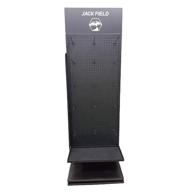 Hot Sales Custom Retail 360 drehbare Metallboden-Stecktafel-Aufhängehaken, mobiler Zubehör-Ausstellungsständer mit Regalen 1