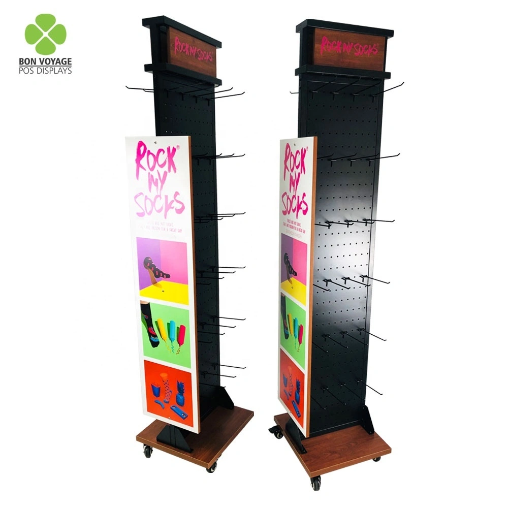 Suporte de exibição de meias de dois lados de design popular com ganchos armário de exibição pop com rodízios móveis 1