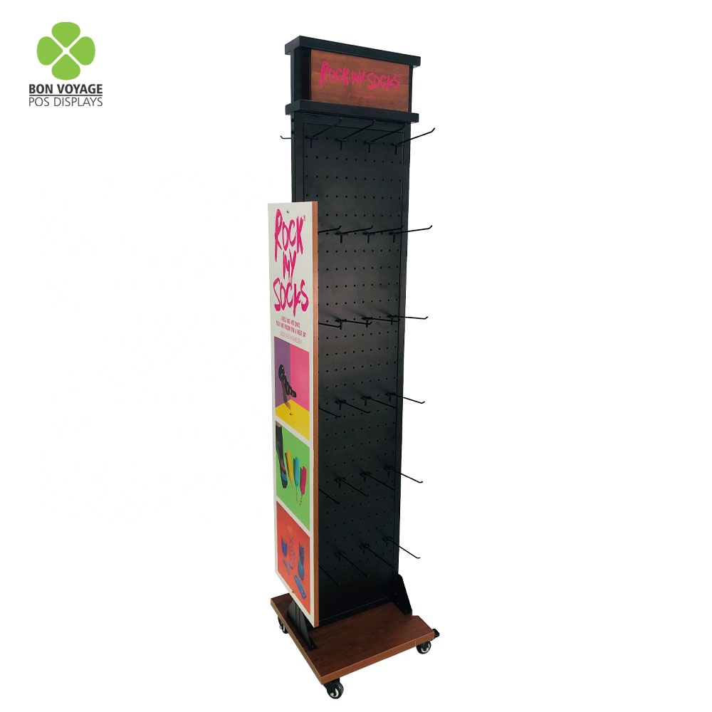 Custom Retail Floor Standing Metal Pegboard Gloves Display Rack Stand