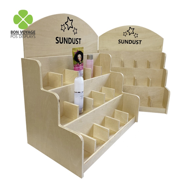 Suporte de exibição de produtos para a pele creme protetor solar de bancada de madeira para loja de varejo 6
