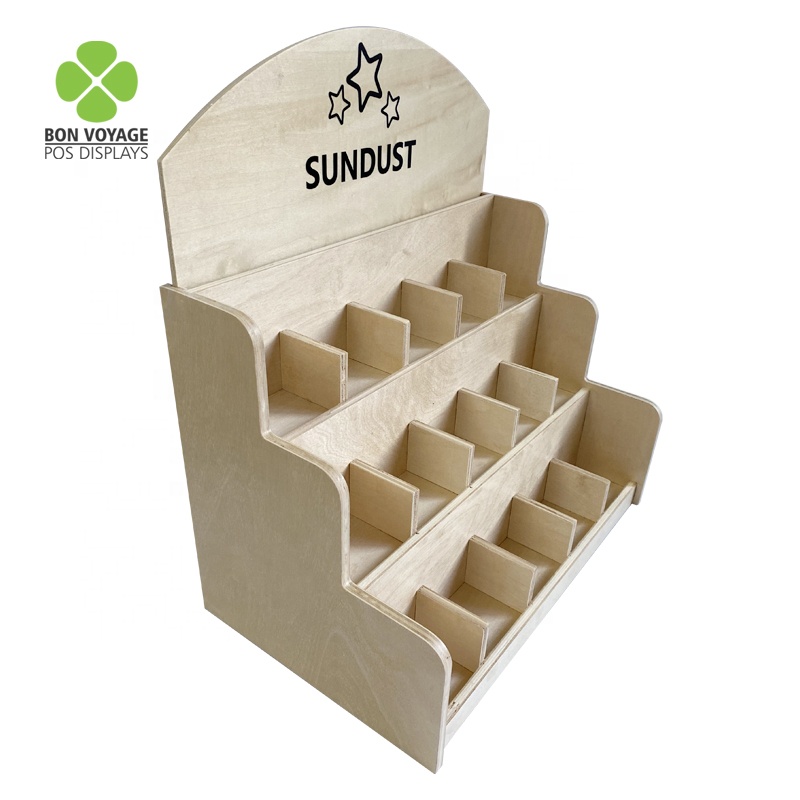 Suporte de exibição de produtos para a pele creme protetor solar de bancada de madeira para loja de varejo 5