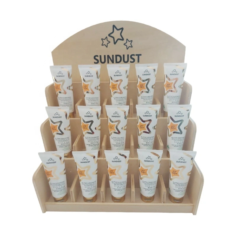 Kundenspezifische Einzelhandels-Pos-Pop-Thekenaufsatz-Sonnenschutzcreme-Hautpflege-Kosmetik-Präsentationsständer aus Sperrholz stehen für Make-up-Schönheitsprodukte 1