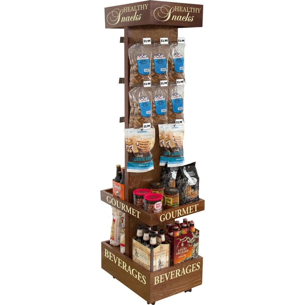 Træpinde krog display stativ 2-sidet Merchandiser med hylder til snacks mad og drikkevarer 1