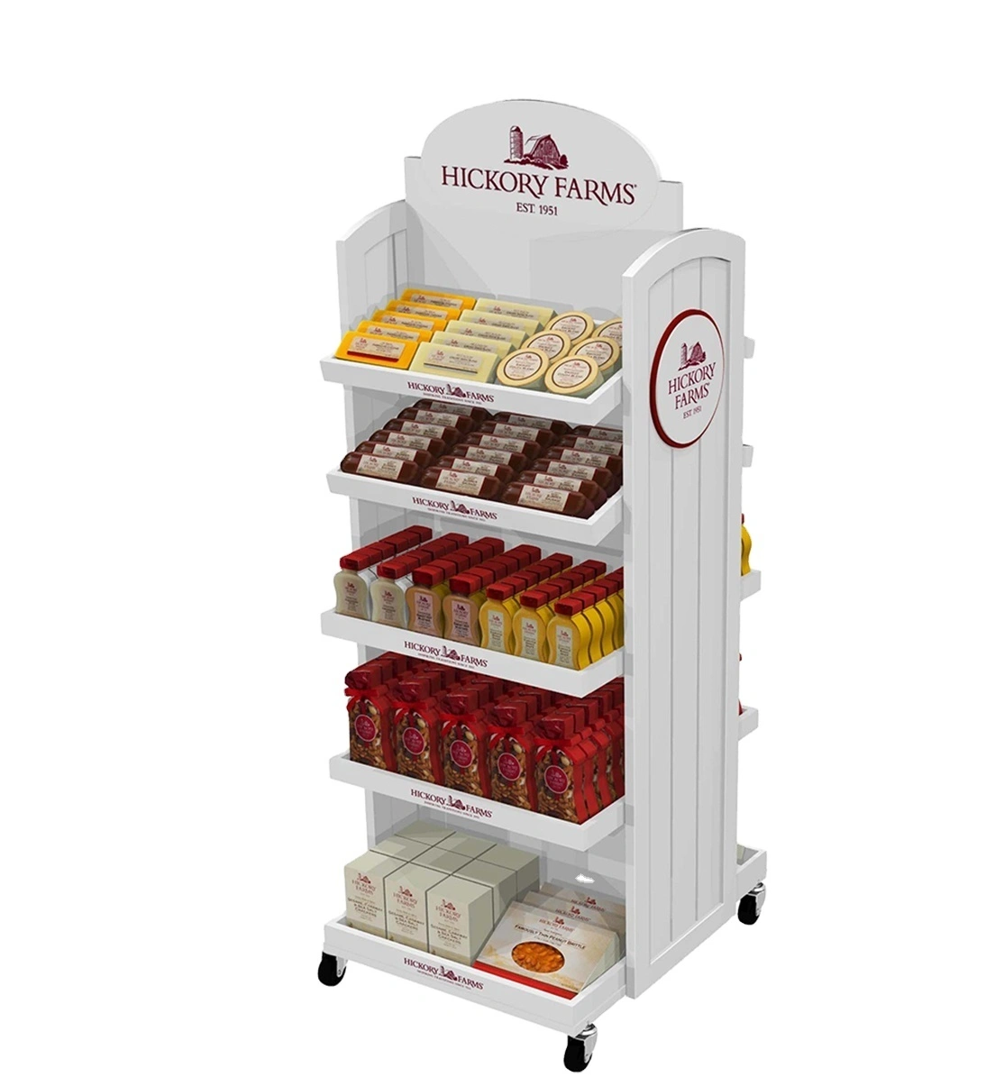 Custom Retail 5 Layers Wooden Floor Display Shelf Cookies Snacks Food Display Stand 1