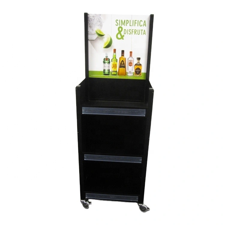 Soporte de exhibición personalizado del whisky del vino de la exhibición del metal de la promoción de 3 gradas con las ruedas 1