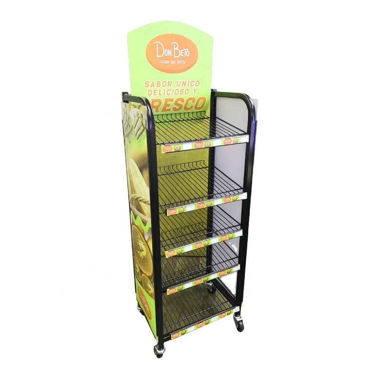 Custom Retail Store Pos Gulvstående Metal Wire Display Hylde Candy/kartoffelchips Display Stand med hjul 1