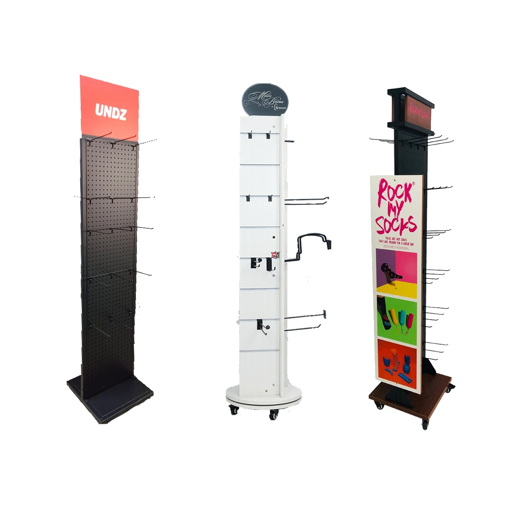 Kundenspezifischer doppelseitiger Einzelhandels-Pop-Bodenständer, drehbarer Metall-Pegboard-Ausstellungsständer mit Aufhängehaken 1