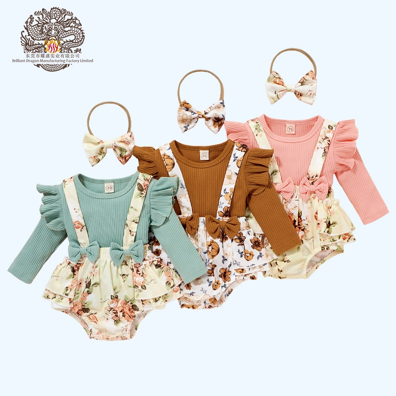 Baby Mädchen Langarm Strampler Kleid mit Stirnband 3 Stück-YZGM257 1