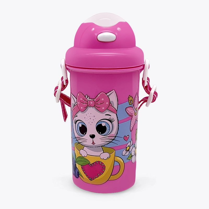 Bouteille d'eau de dessin animé de 500 ml avec couvercle rond et paille (45021) 1