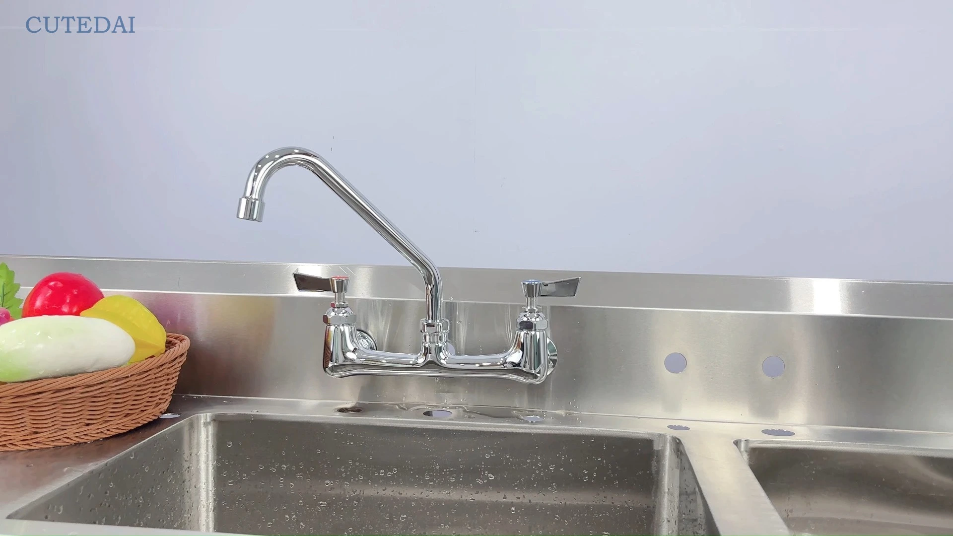 Grifo de cocina clásico industrial de doble manija, montaje en pared, cromado, con núcleo de válvula de latón. Uso en hoteles y cocinas. Garantía de 3 años. 1