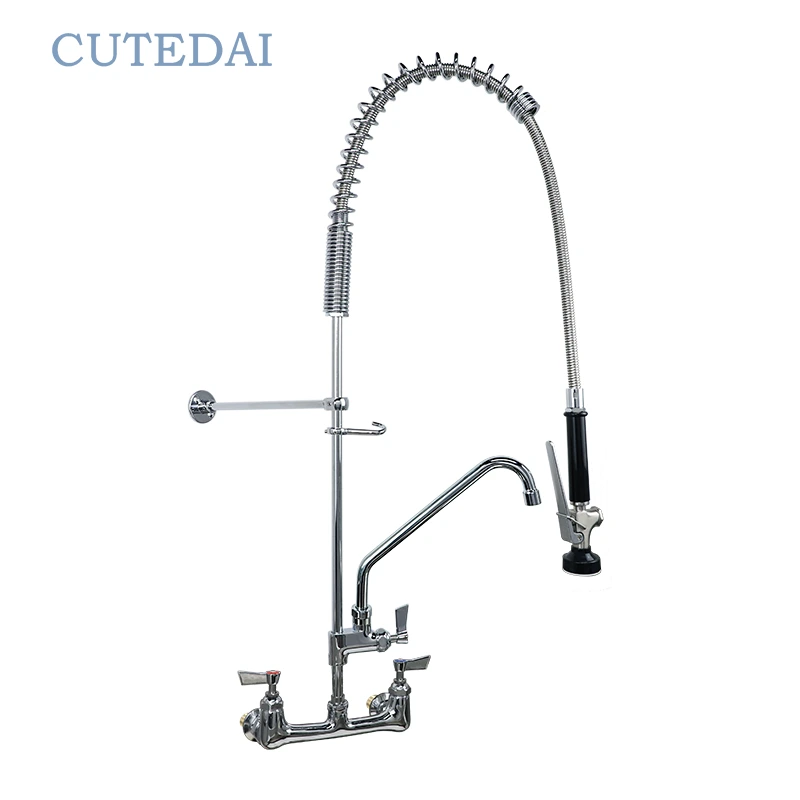 Rubinetto prelavaggio a 2 fori con design industriale tradizionale, valvola di spruzzo regolabile, tubo flessibile a parete per cucine di hotel. 1