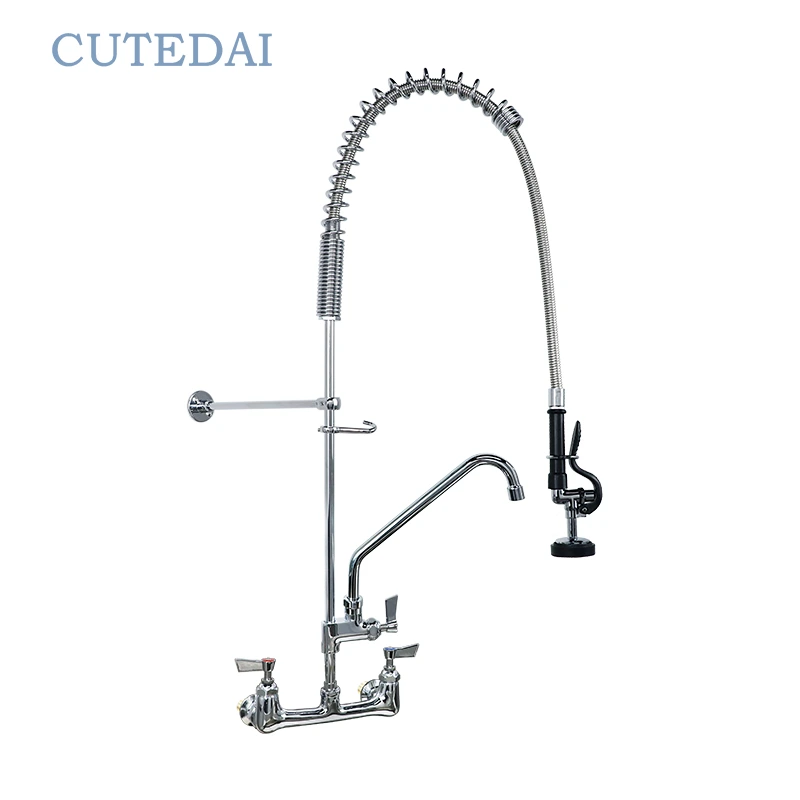 Grifo comercial de latón de tres compartimentos para cocina, hotel, estilo industrial, prelavado, grifo para fregadero, rociador, instalación de 2 orificios. 1